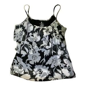 New York & Company Top Womens Black White Floral Ruffled Sleeveless Lined Size M
